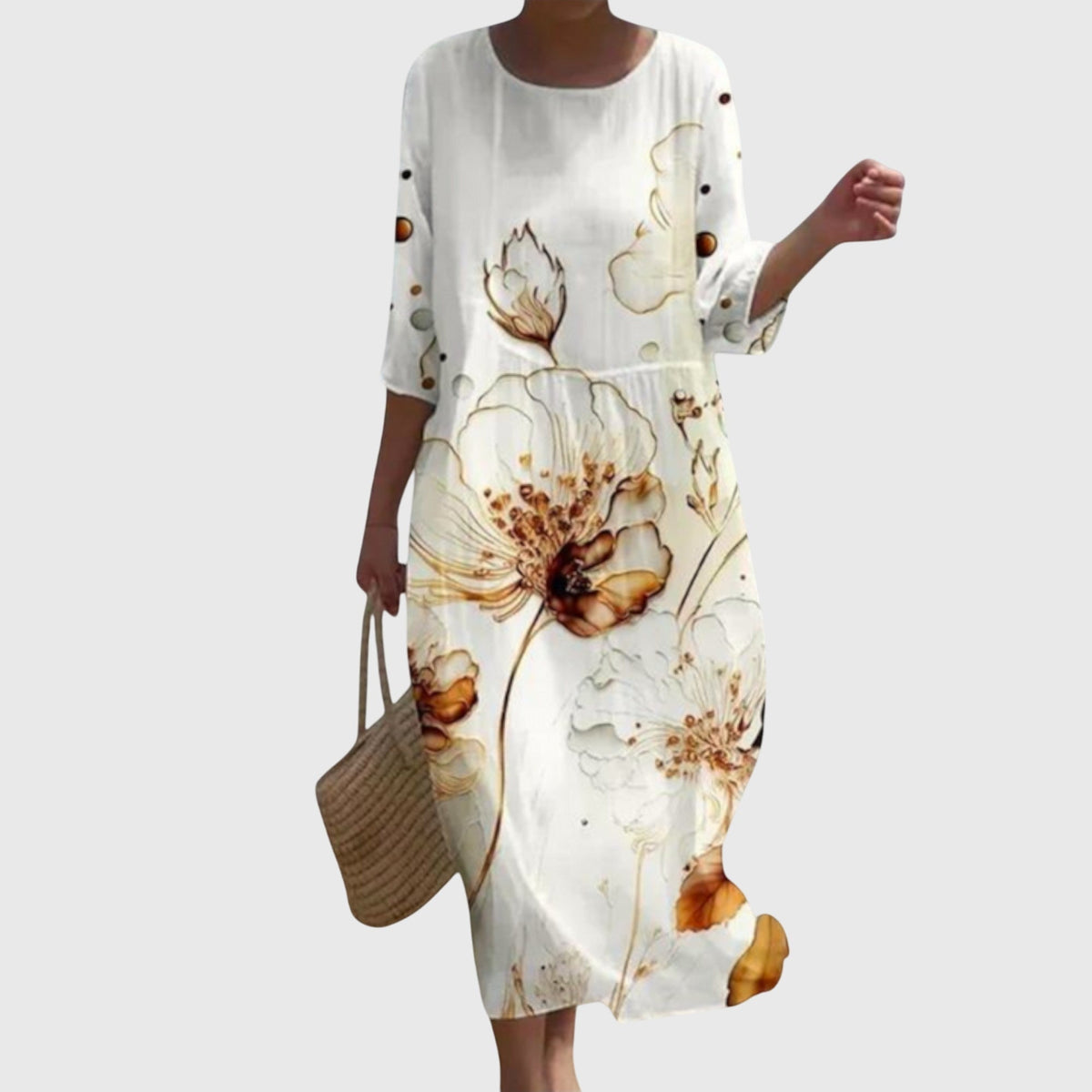 Round Neck Three-Quarter Sleeve Floral Rose Print Shift Midi Dress