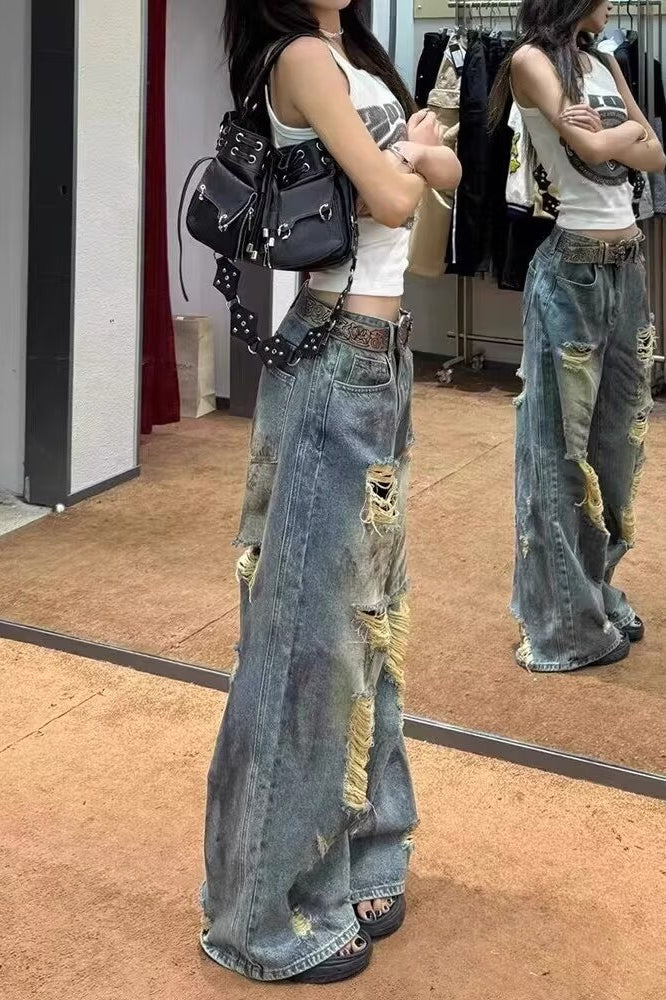 Distressed Vintage Washed Lightweight Floor Jeans