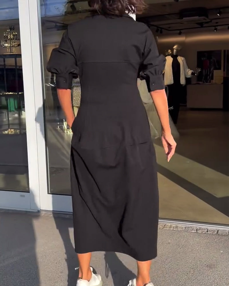Black Collared V-Neck Puff Sleeve Pocket Cocoon Midi Dress 4