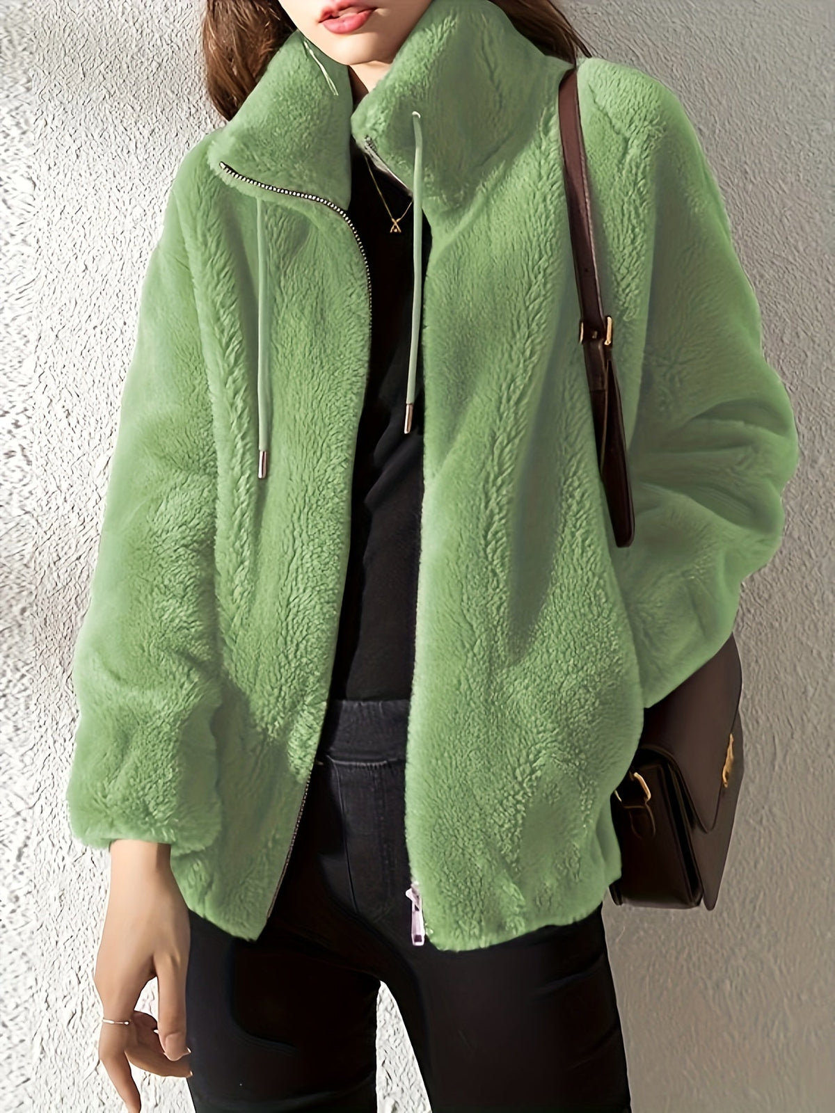 Stand Collar Zip Front Drawstring Fuzzy Fleece Jacket