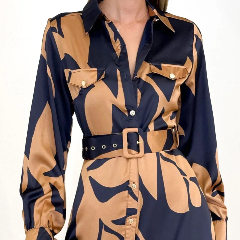 Collared Button Front Long Sleeve Leaf Print Belted Shirt Maxi Dress