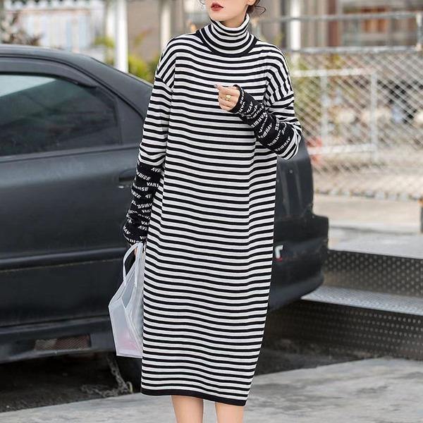 Loose Turtleneck Striped Pleated Winter Minority Elegant Style Dress