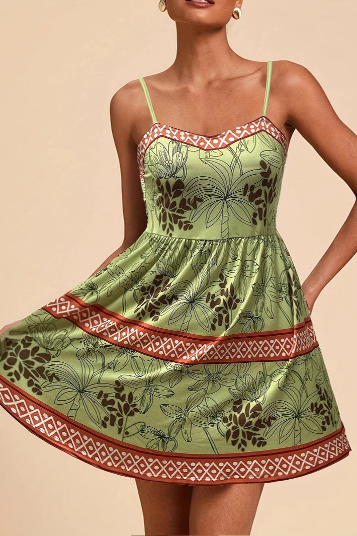 Green Spaghetti Strap Sweetheart Neck Geometric Trim Palm Print Tiered Mini Dress 3