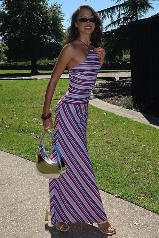 Purple Halter Neck Horizontal Diagonal Stripe Chevron Maxi Dress 2