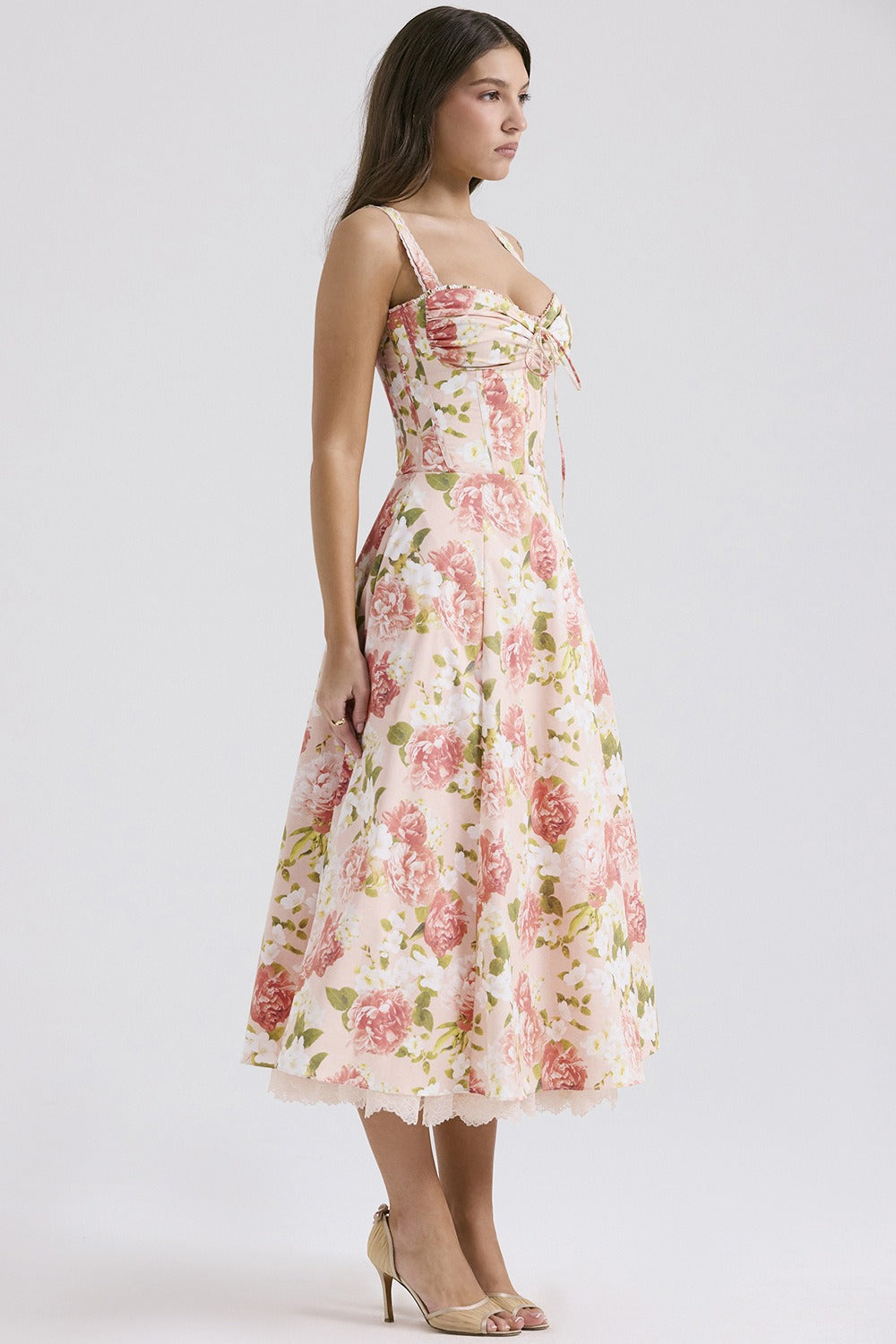 Wide Strap Lace Trim Corset Bodice Floral Print A-Line Midi Dress 6