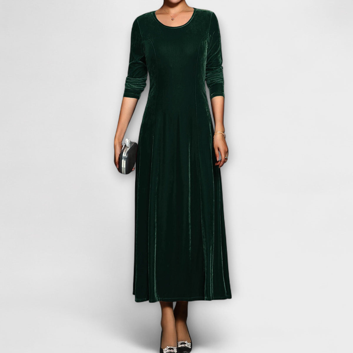 Round Neck Velvet Long Sleeve A-Line Maxi Dress