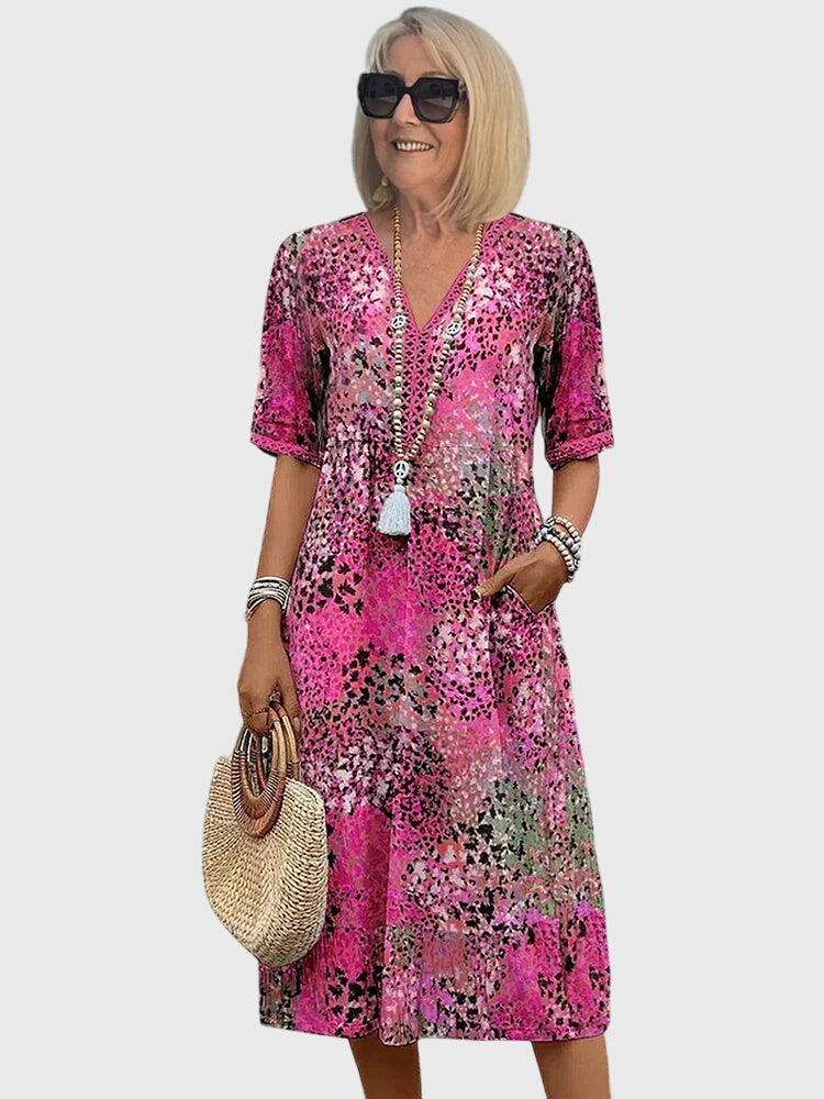 V-Neck Crochet Trim Short Sleeve Floral Print A-Line Midi Dress