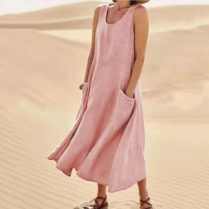 Round Neck Sleeveless Linen Pocket A-Line Midi Dress