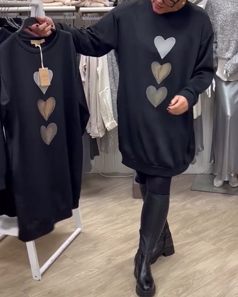Black Round Neck Heart Print Long Sleeve Sweatshirt Mini Dress