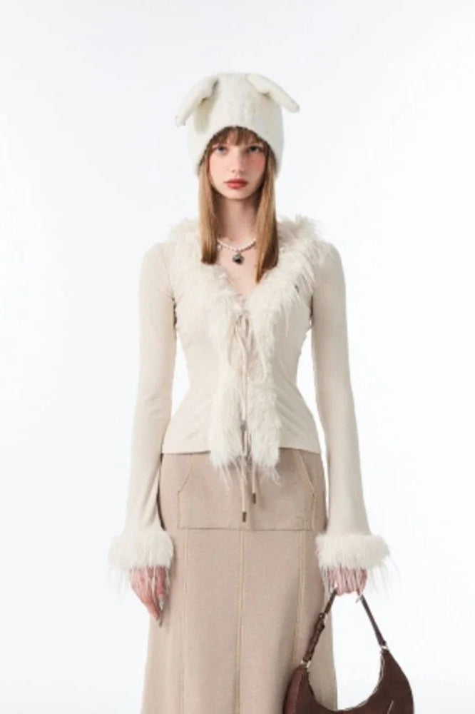 LaceUp V Neck Plush Cardigan