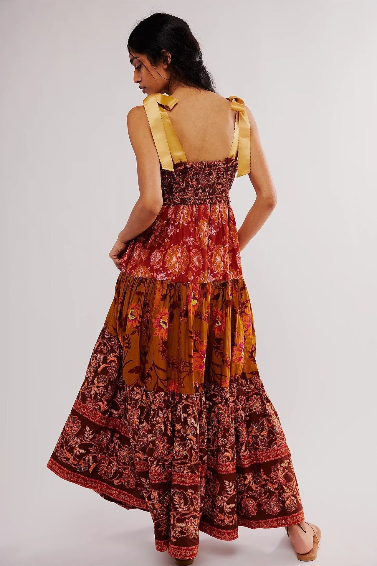 Smocked V Neck Bow Shoulder Strap Mixed Floral Tiered Maxi Dress 5