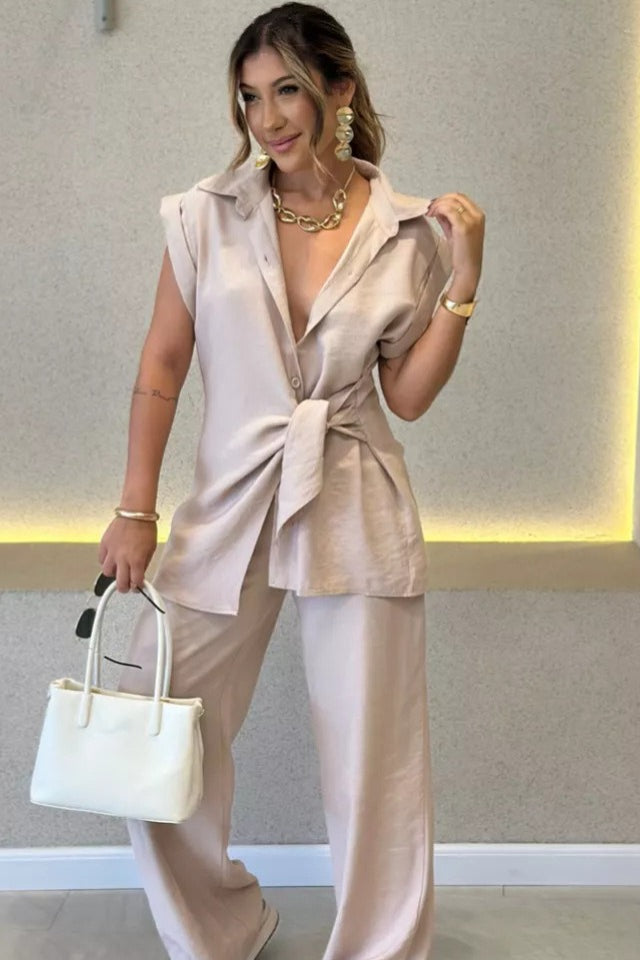 Tie Waist Short Sleeve High Waist Two Piece Work Set
