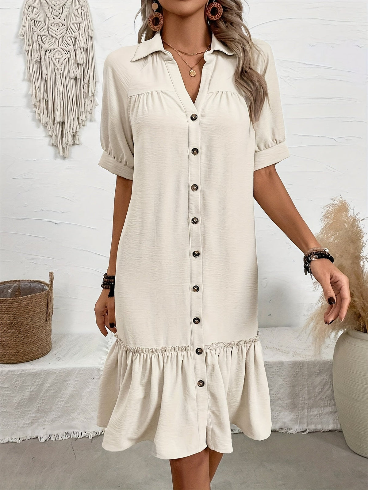 Collared Button Front Short Sleeve Ruffle Hem Shift Mini Dress 10
