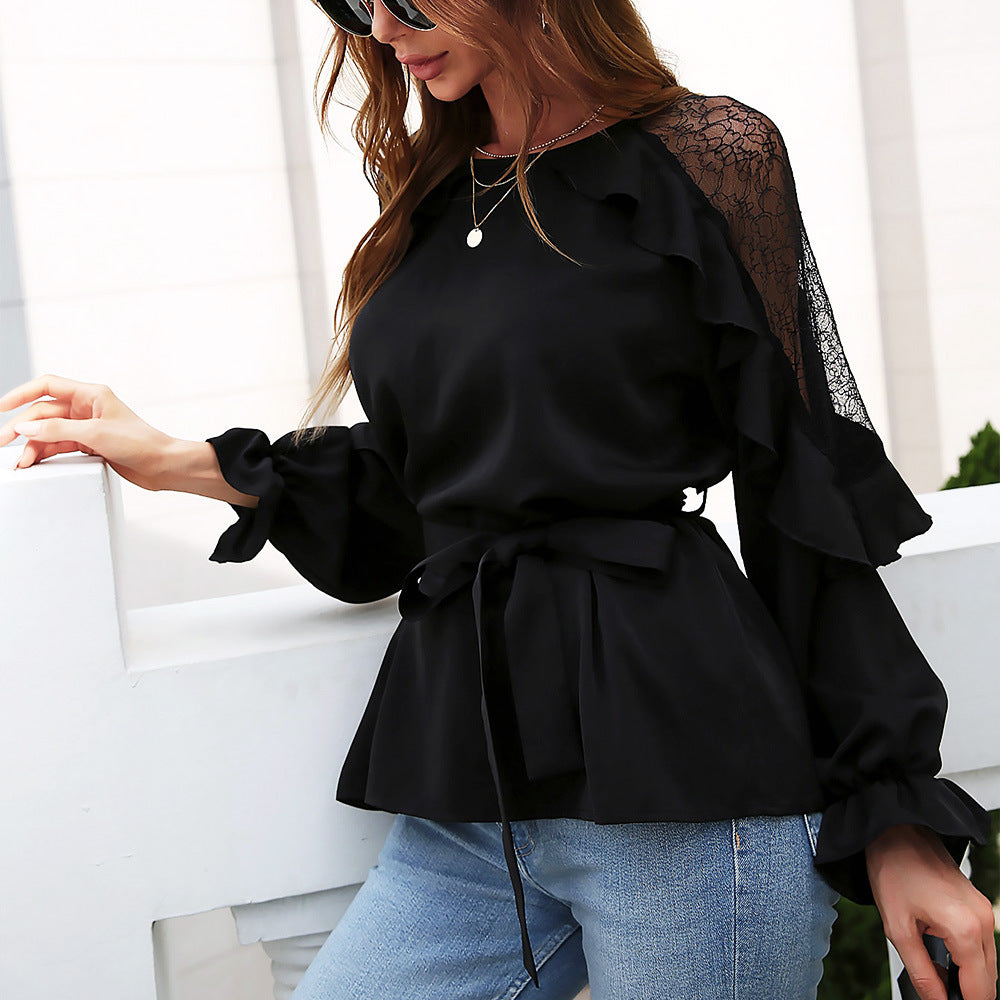 Front Lace Arm Flounce Cap Tie Blouse