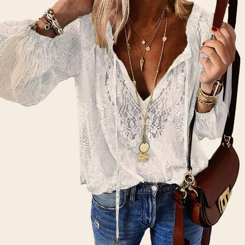 Vintage Button Laceup Long Sleeve Blouse