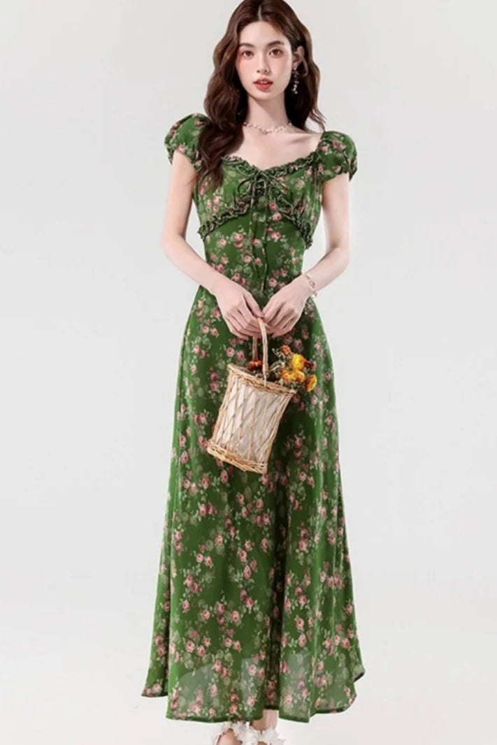 Retro Slim Green V - Neck Floral Dress