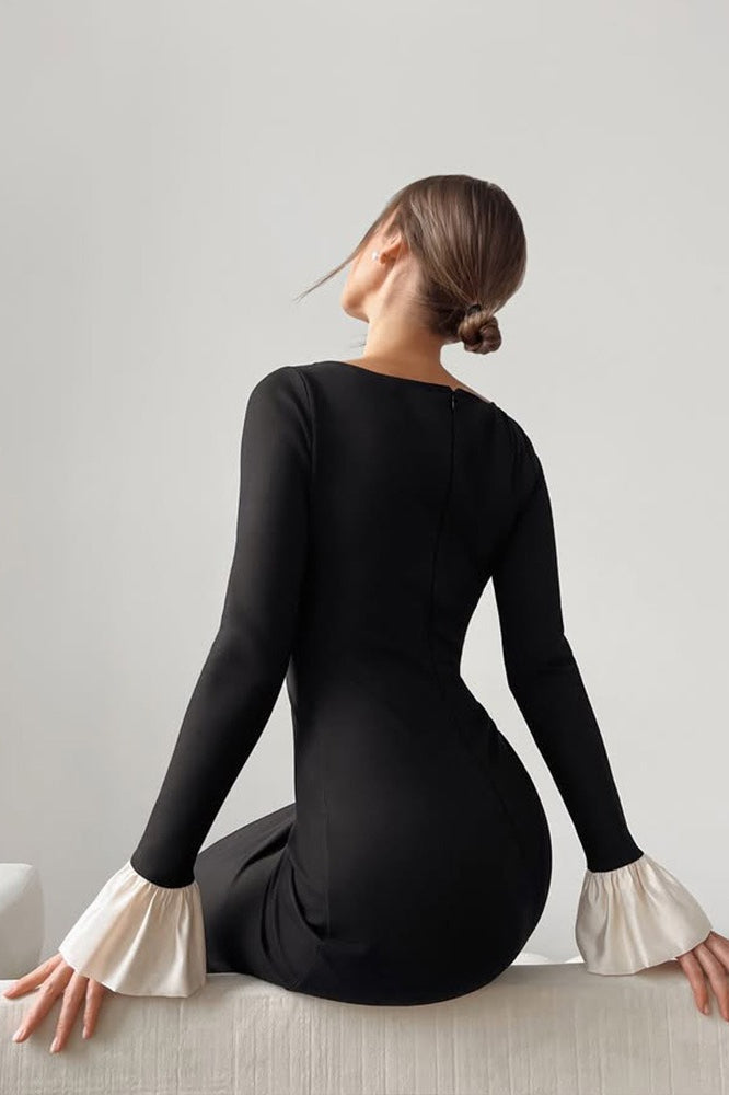 U-Neck Lace Panel Midi Dress