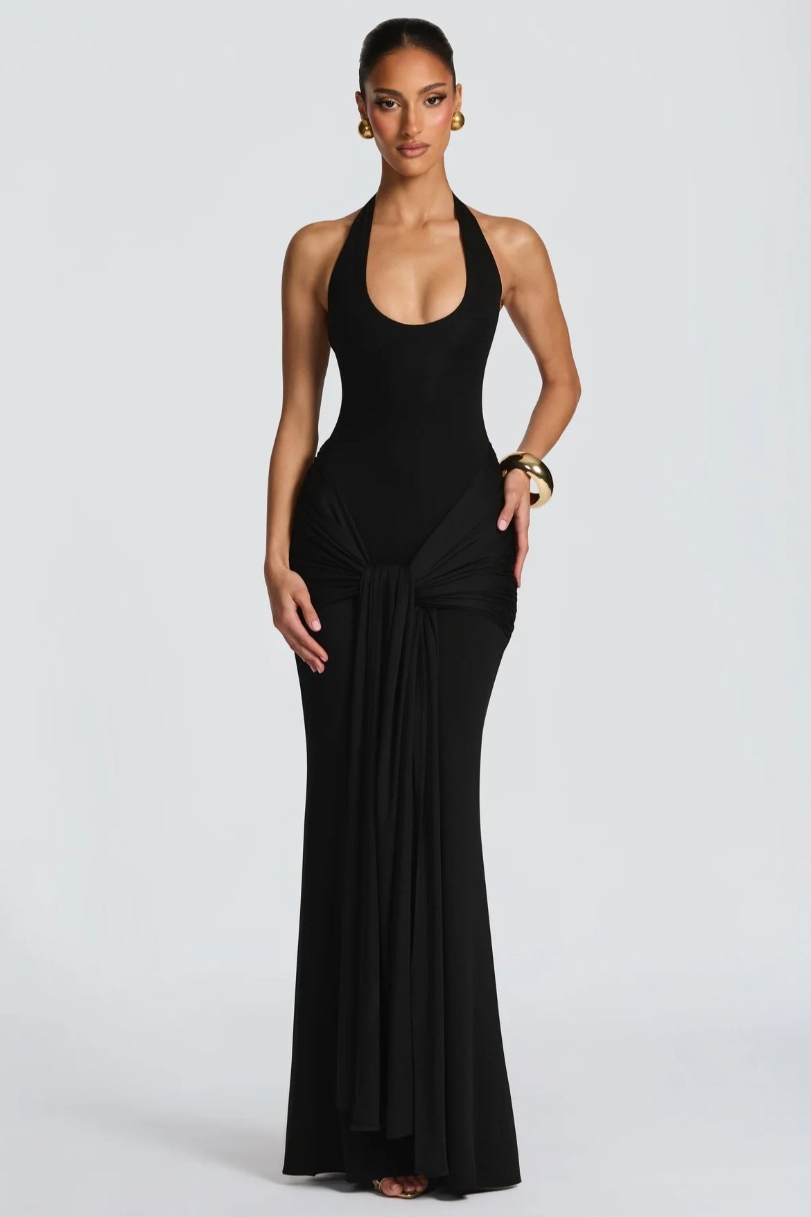 U Neck Halter Sash Panel Bodycon Party Dress