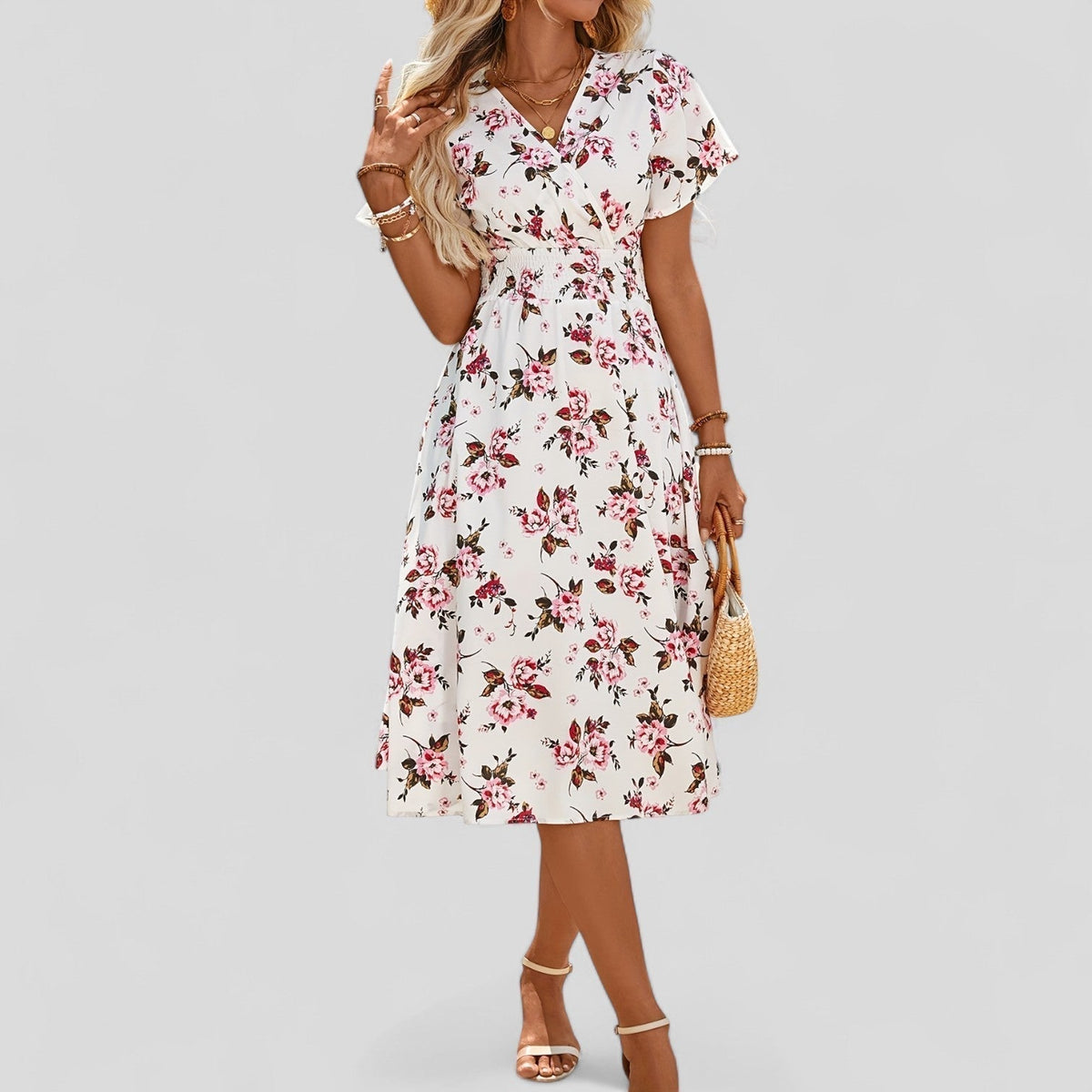 Floral Pink V-Neck Wrap Flutter Sleeve Floral Shirred Waist A-Line Midi Dress