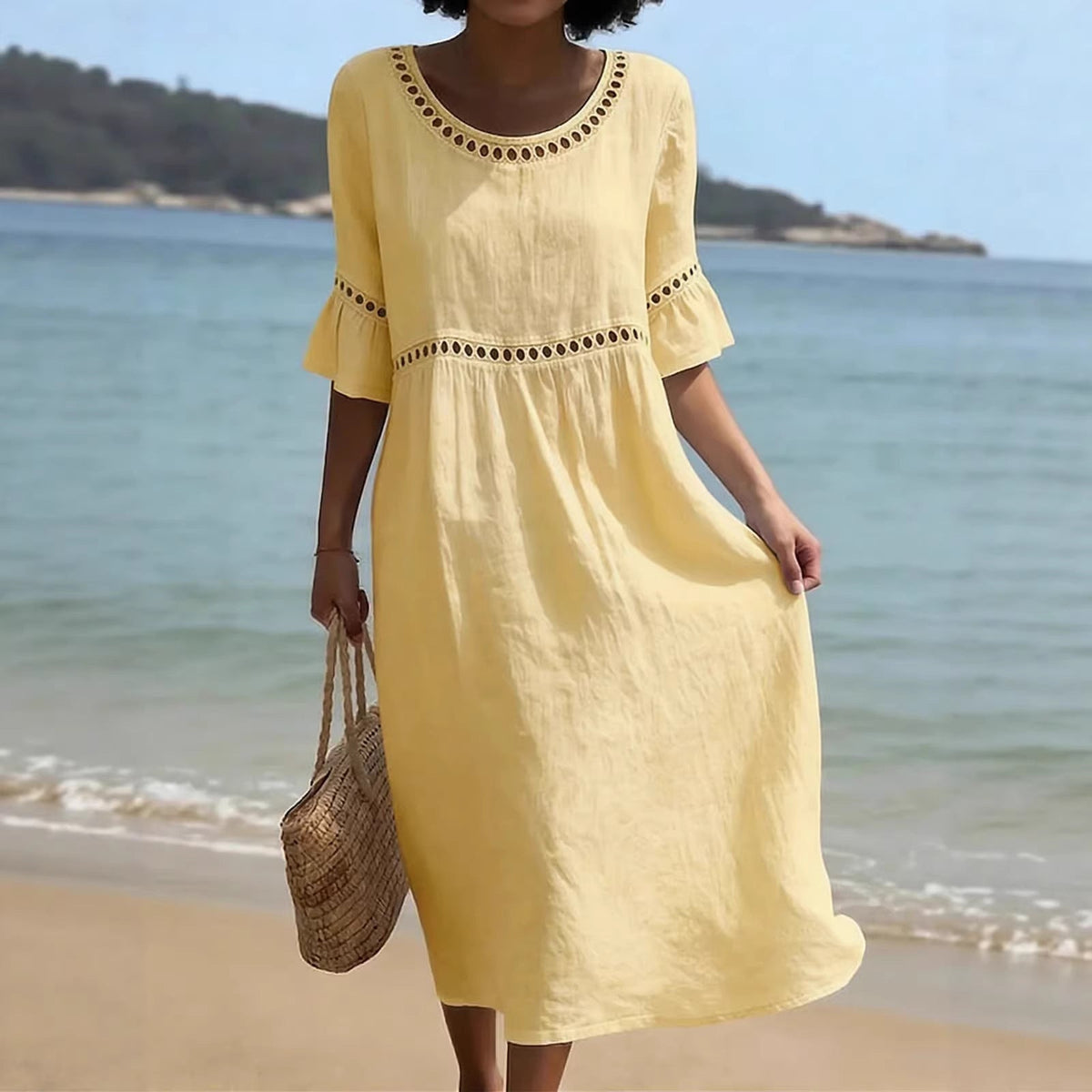 Round Neck Crochet Lace Trim Bell Sleeve Empire Waist Midi Dress 15
