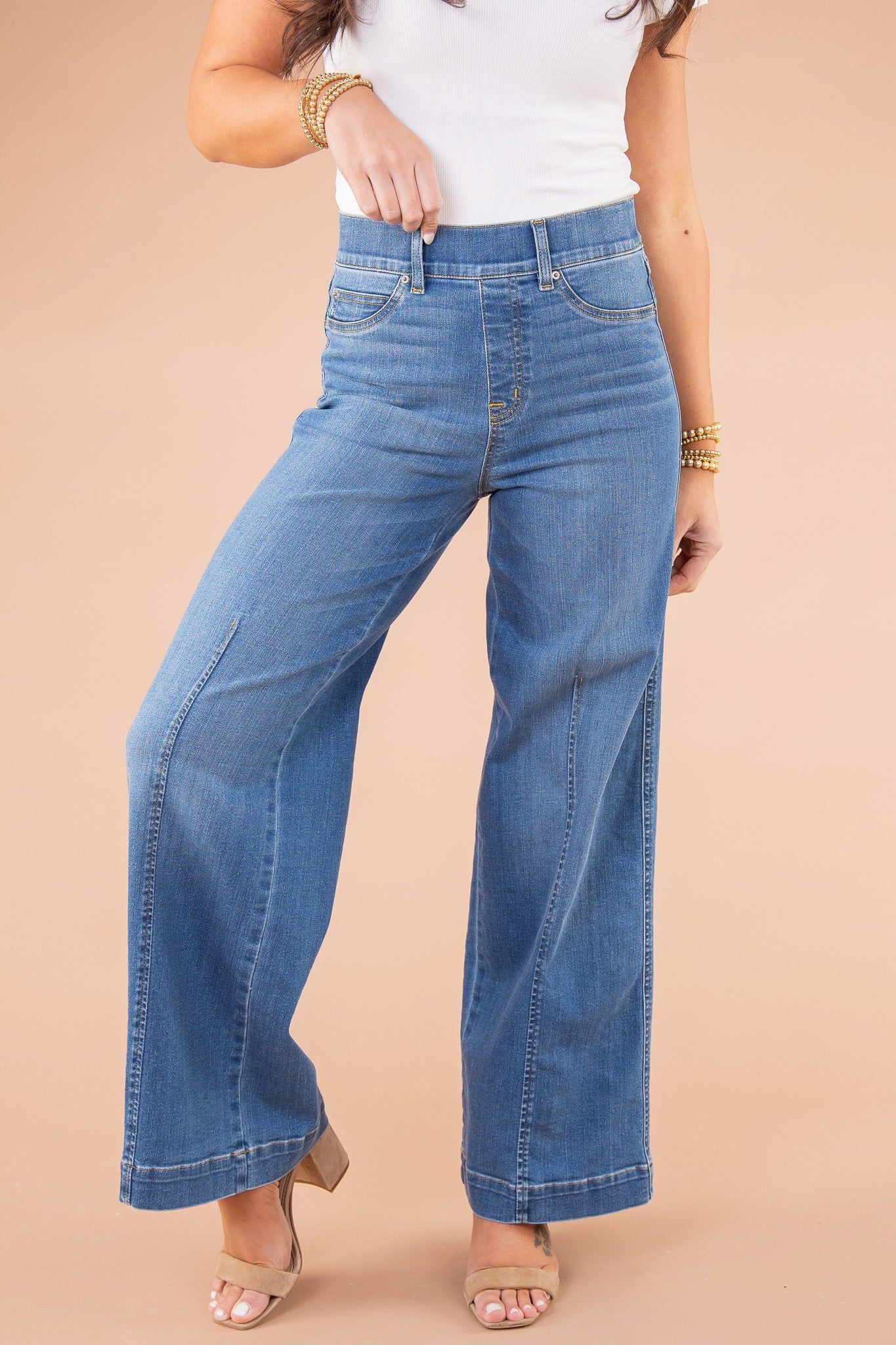 Vintage style sewn front wide leg jeans