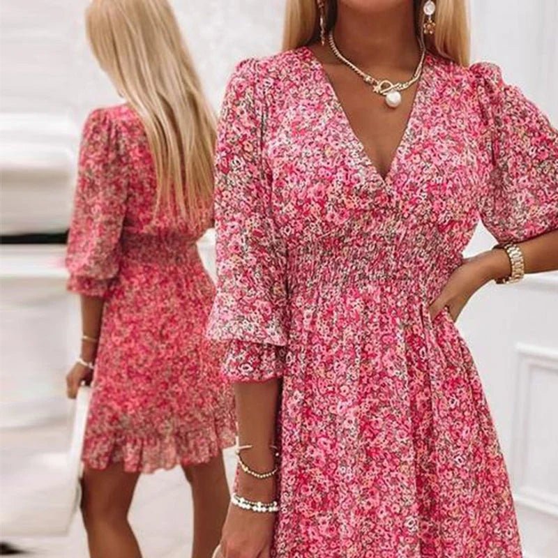 V-Neck Floral Flutter Sleeve Smocked Waist Ruffle Hem Mini Dress