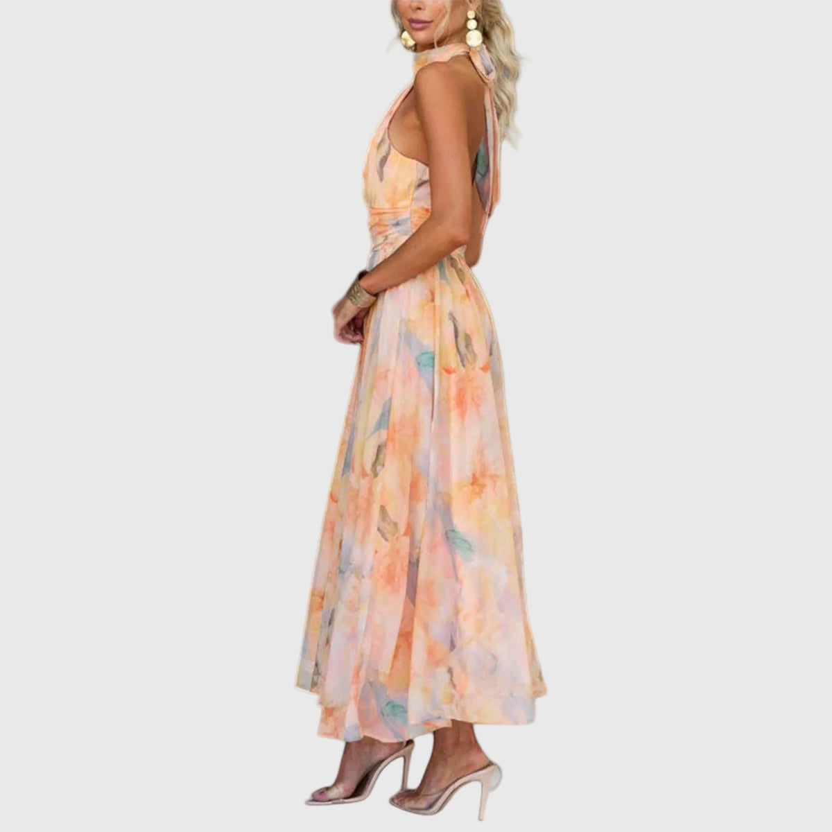 Reddish Orange Halter Neck Watercolor Print Ruched Waist Flowy Maxi Dress 4