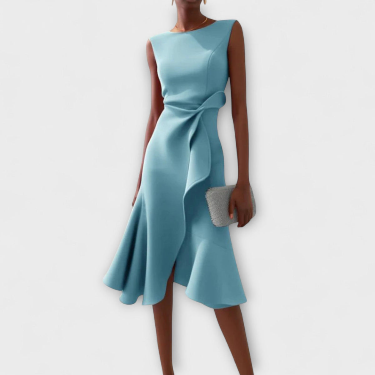 Boat Neck Sleeveless Twist Waist Ruffle Asymmetric Bodycon Midi Dress