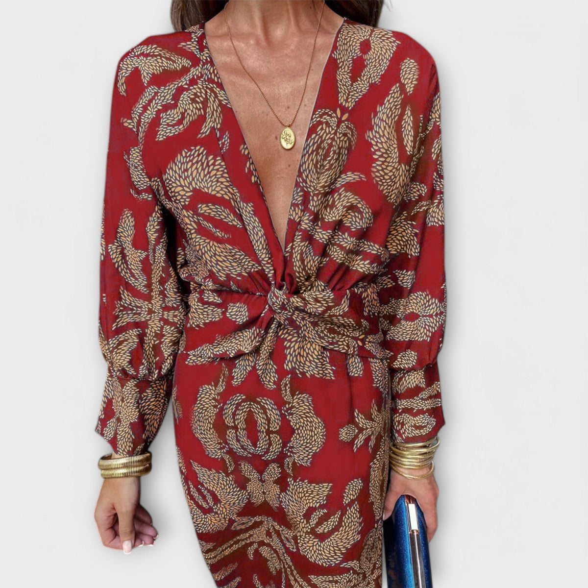 Deep V-Neck Twist Front Printed Long Sleeve Bodycon Midi Dress