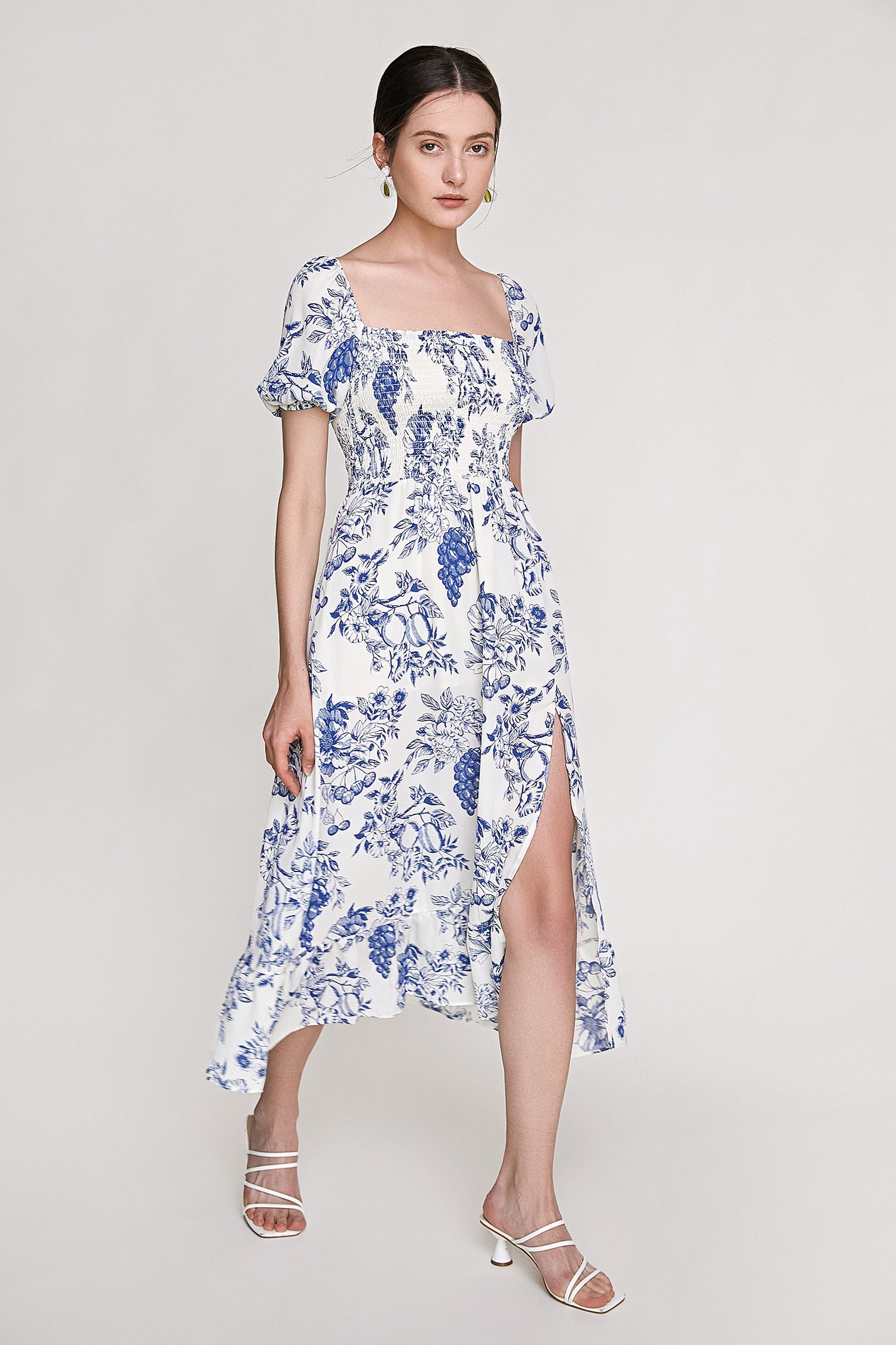 Blue Fruit Print Smocked Puff Sleeve Maxi Dress