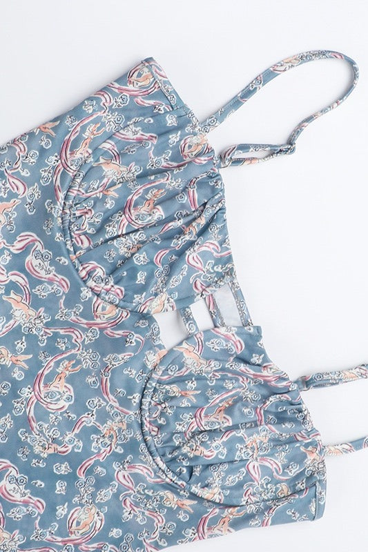 Blue Spaghetti Strap Bustier Cutout Paisley Print Bodycon Maxi Dress 8