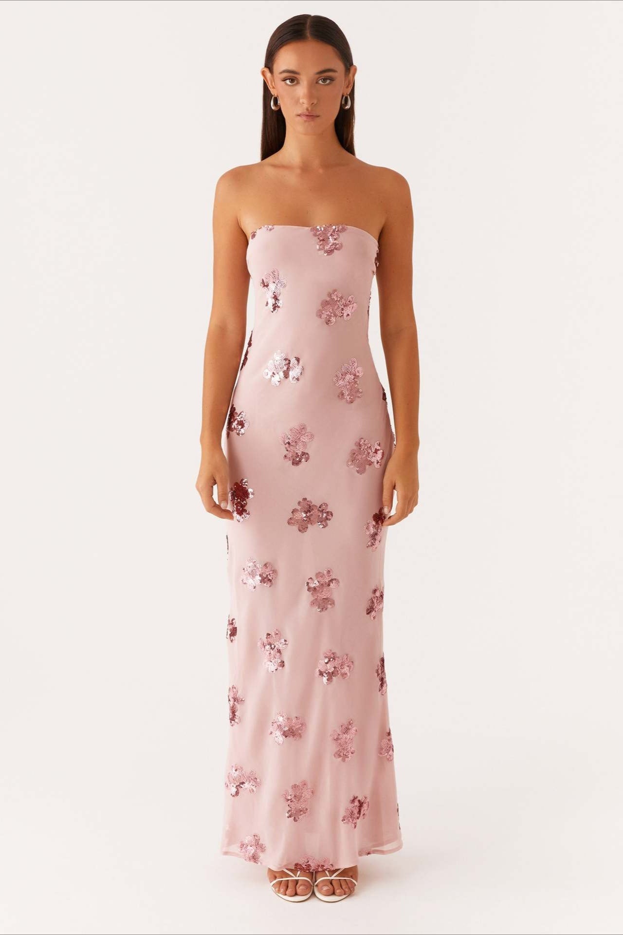 Pink Strapless Sequin Floral Embroidery Column Maxi Dress 4