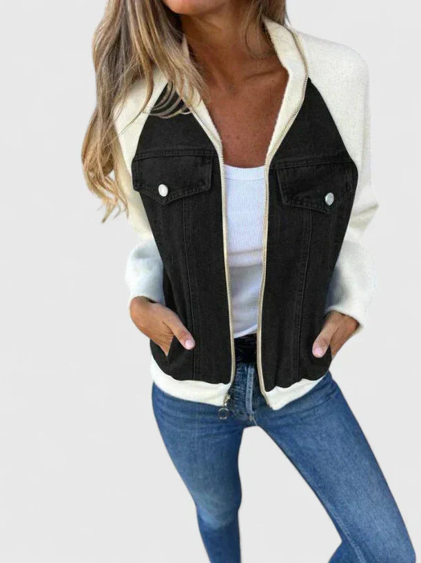 Zip Front Denim Contrast Raglan Sleeve Pocket Bomber Jacket 4