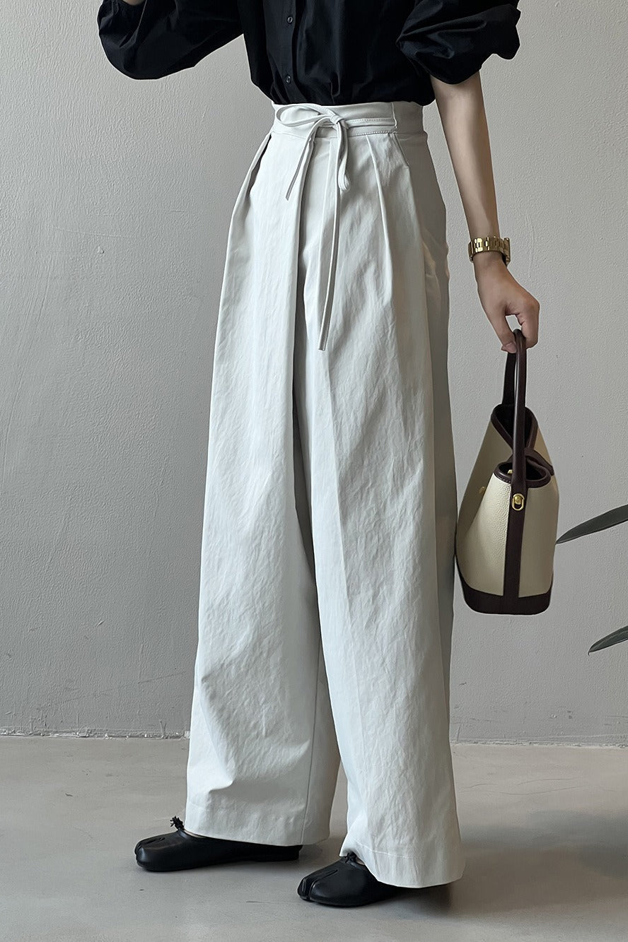 Asymmetrical Placket Tie Relaxed High Waist Long Pants