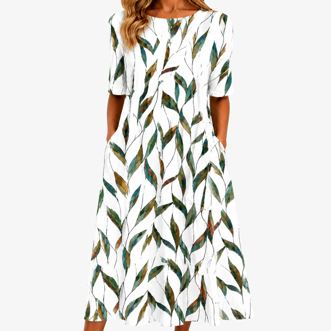 Round Neck Botanical Leaf Print Short Sleeve A-Line Midi Dress