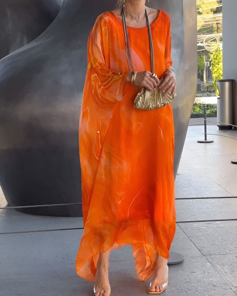 Round Neck Batwing Sleeve Abstract Marble Print Kaftan Maxi Dress