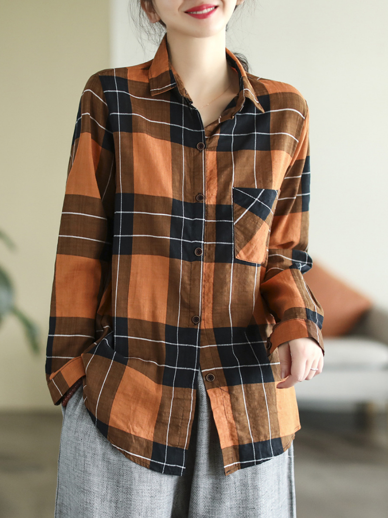 Collared Long Sleeve Plaid Button Front Chest Pocket Loose Shirt 8