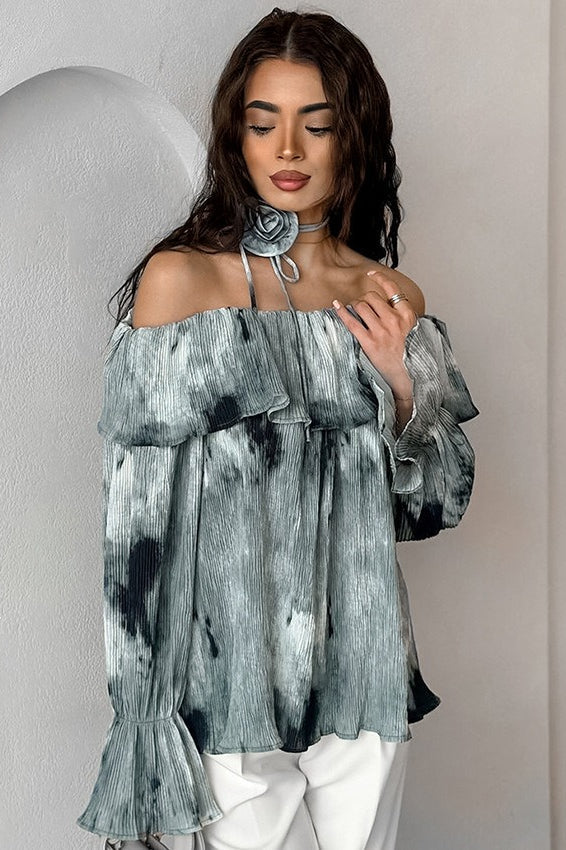 Tie Dye Off Shoulder Flare Sleeve Blouse