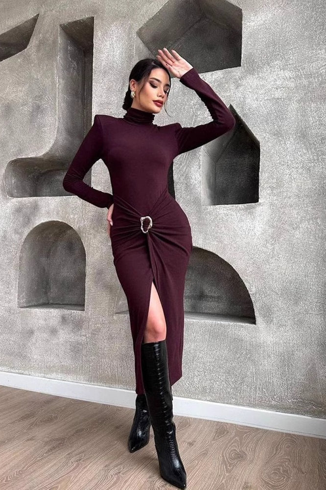 High Neck Ruched Split Midi Dress