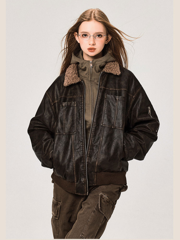 PU Leather Jacket with Lamb Wool Collar