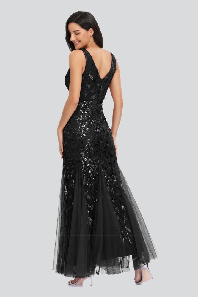 V Neck Sheer Embroidered Sequin Sexy Prom Dress