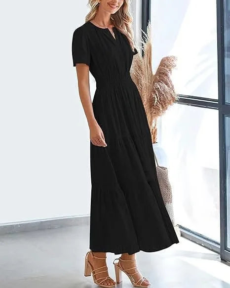 v-neck pleated puff sleeve dress black