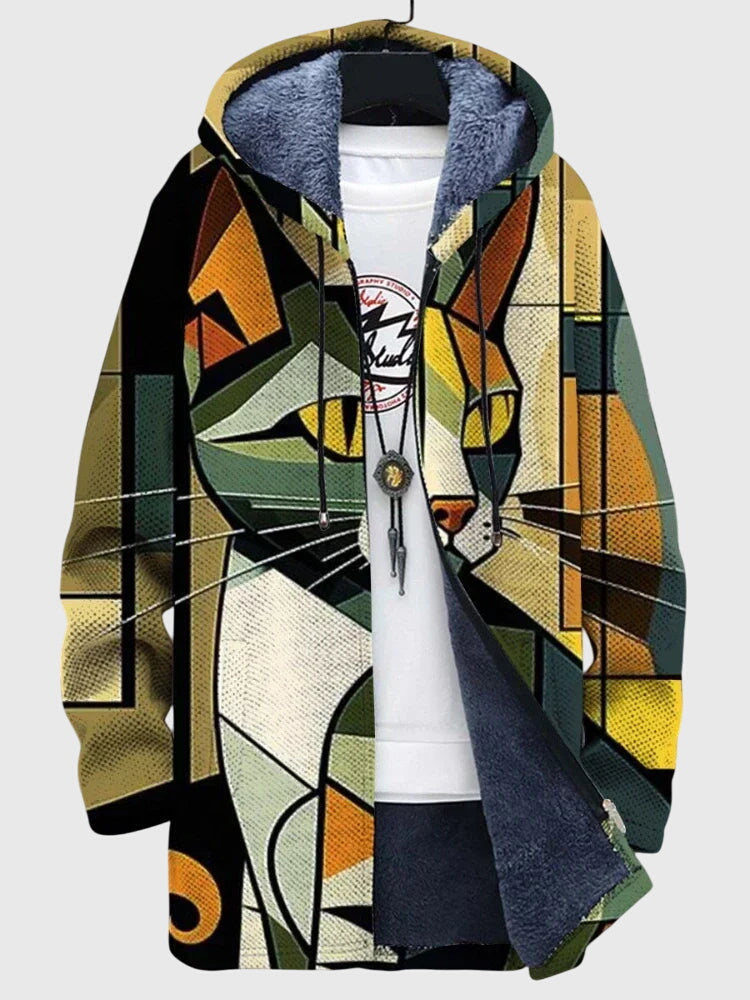 Hooded Abstract Cat Print Zip Front Fleece Jacket