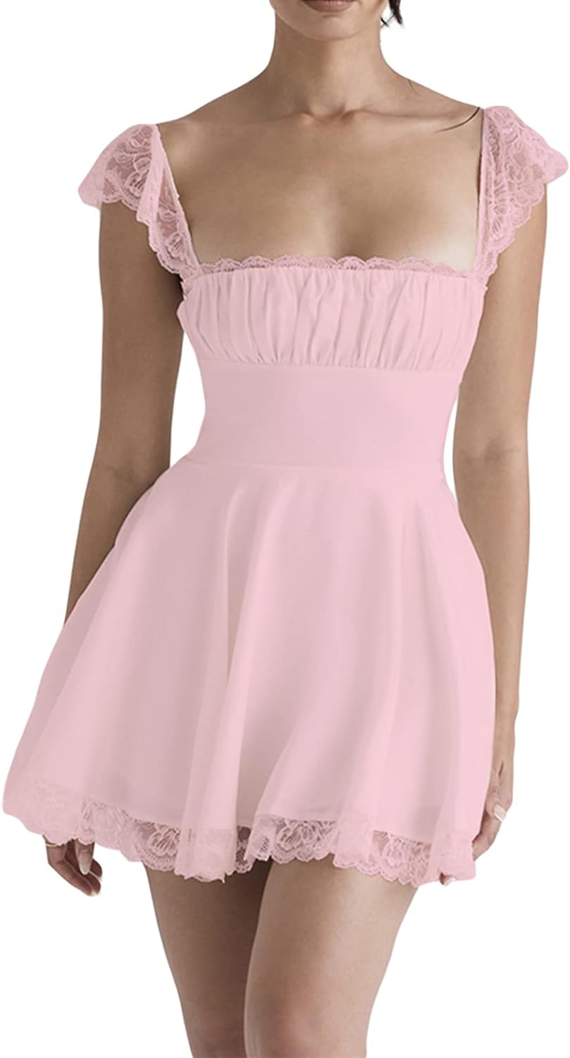 Pink Square Neck Lace Trim Ruched Flare Skater Mini Dress