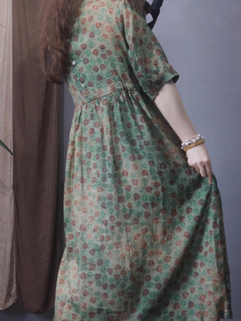 Round Neck Floral Print Side-Tie Short Sleeve A-Line Midi Dress
