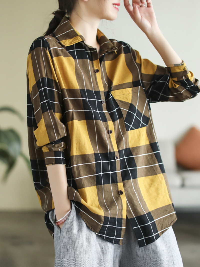 Collared Long Sleeve Plaid Button Front Chest Pocket Loose Shirt 9