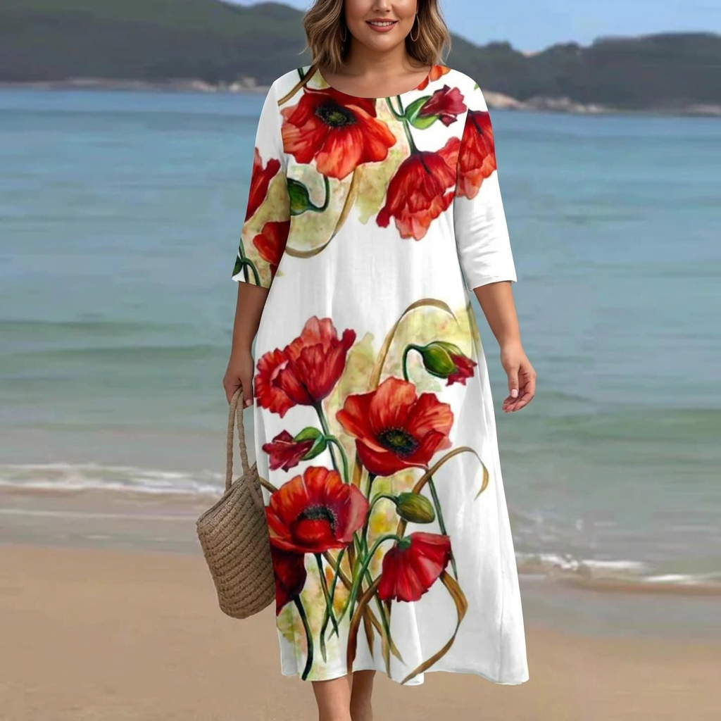 Round Neck Rose Floral Print Half Sleeve Empire Midi Dress 4