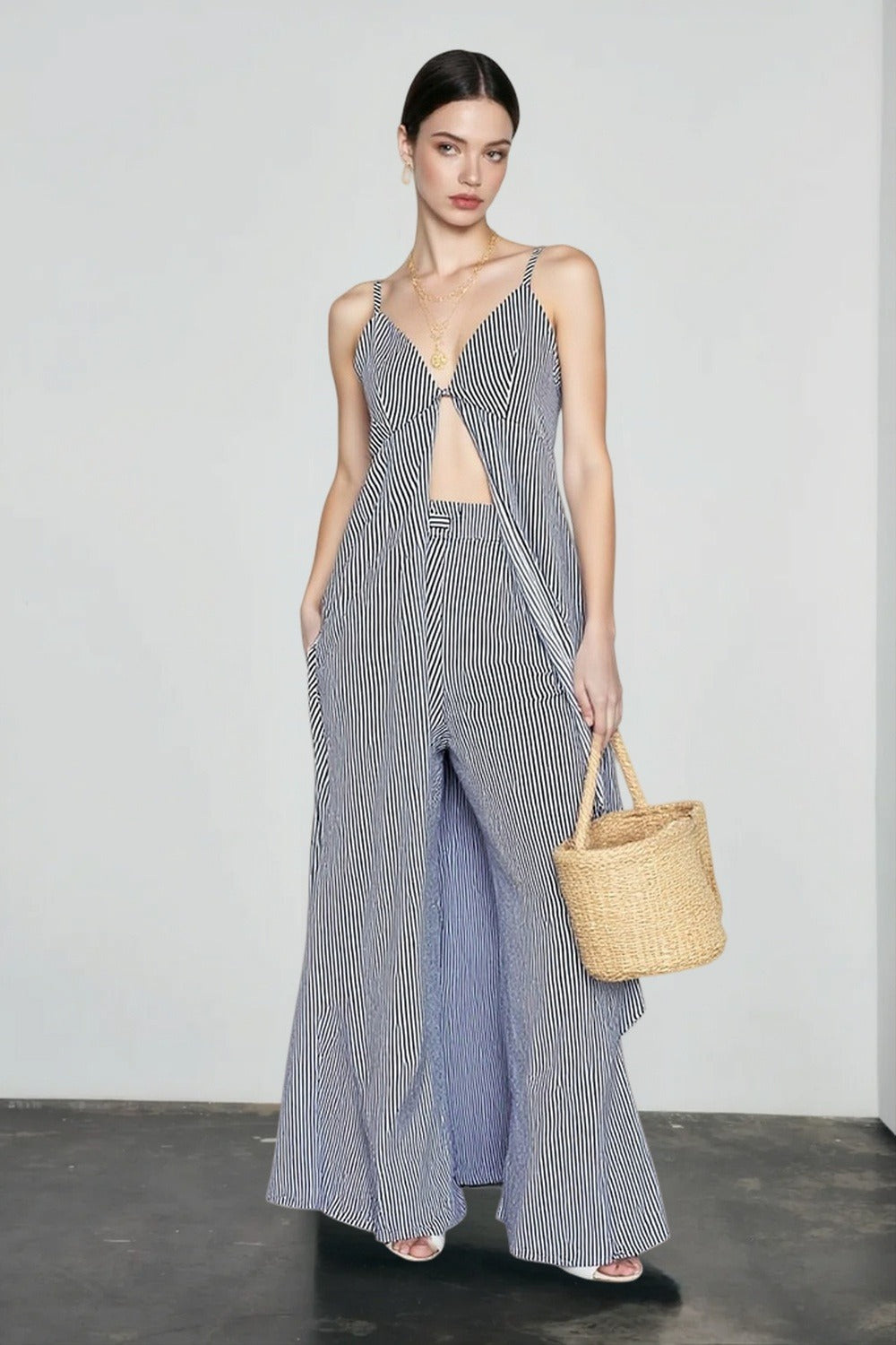 Stripe sleeveless wide leg vacation set