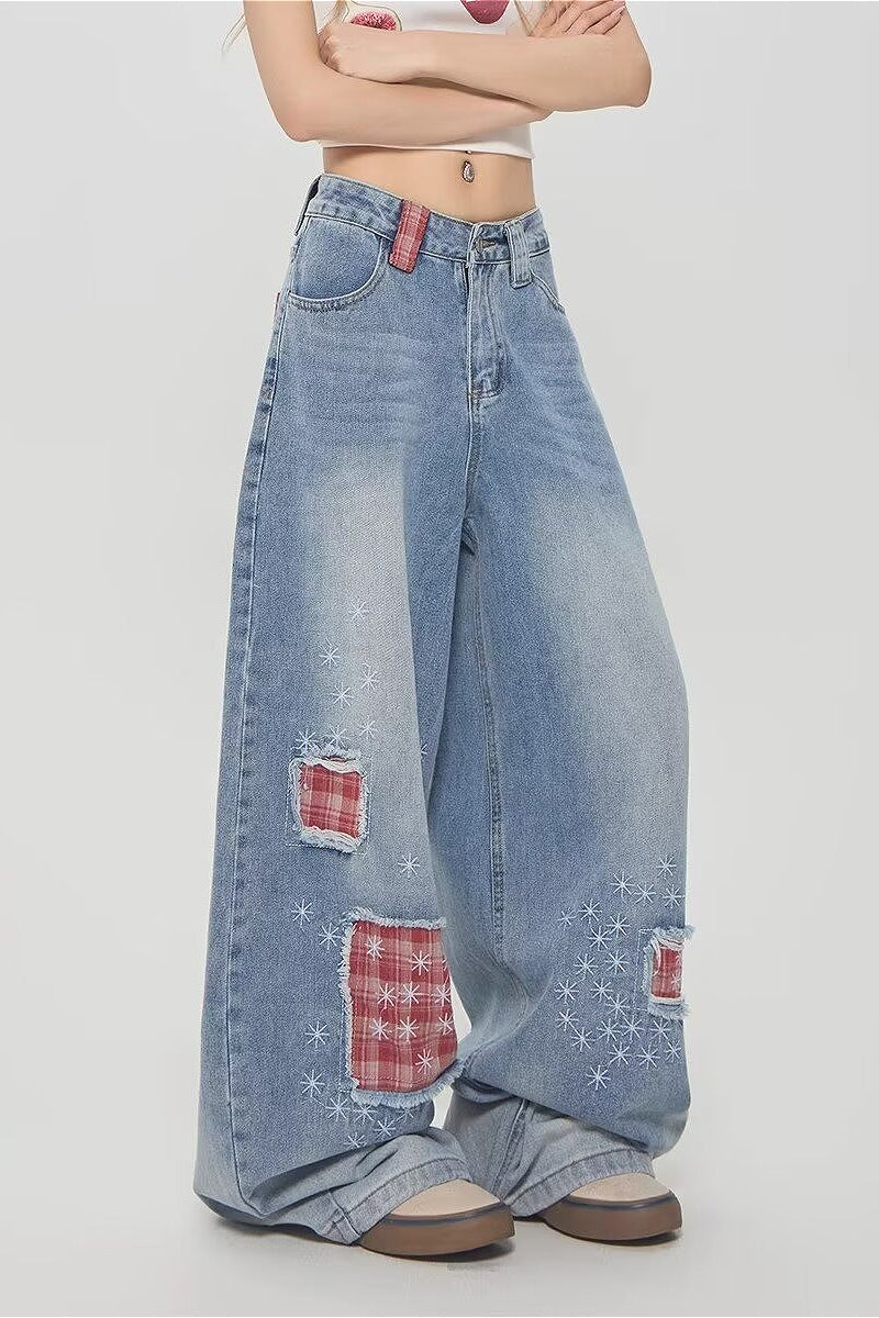 Vintage Plaid Patchwork Distressed Wide-Leg Jeans