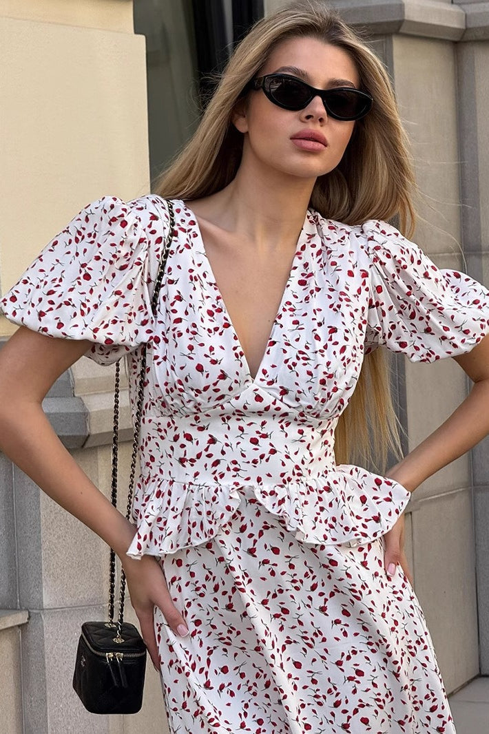 Elegant Puff Sleeve V Neck Slim Waist Long Floral Dress